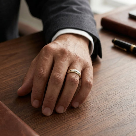 6mm High Polish Milgrain Round Edge Carved Wedding Band in 14K Two-Tone Gold, worn on hand, masculine full view