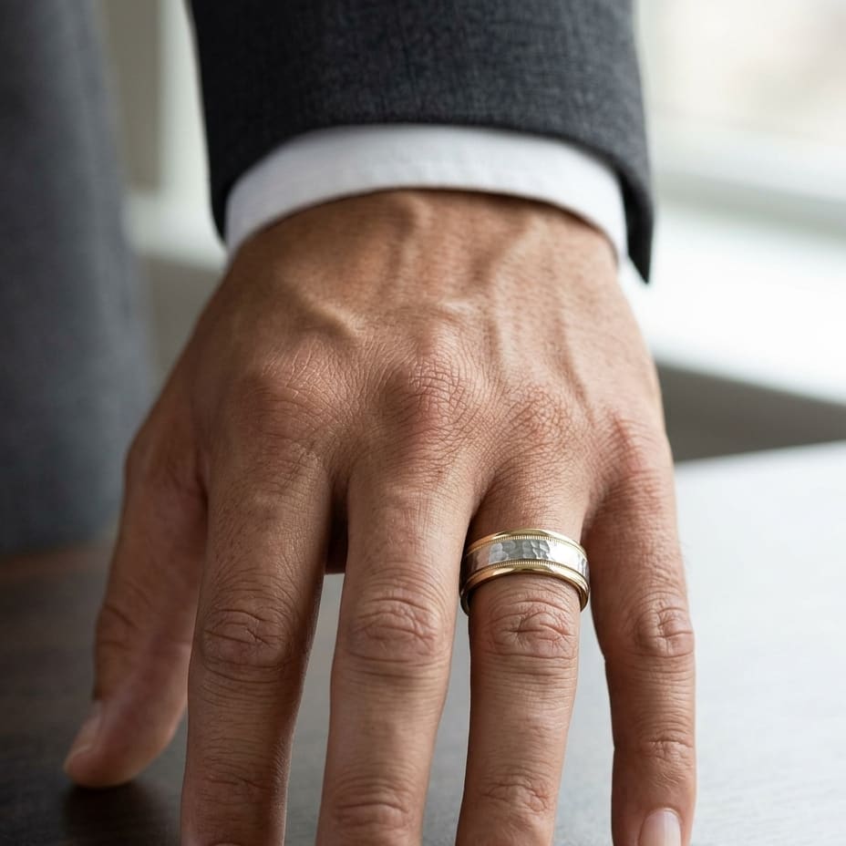 8mm Hammered Finish Milgrain Carved Wedding Band in 14K Two-Tone Gold, worn on hand, masculine close-up