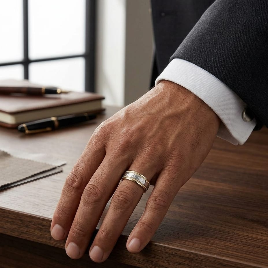 8mm Hammered Finish Milgrain Carved Wedding Band in 14K Two-Tone Gold, worn on hand, masculine full view