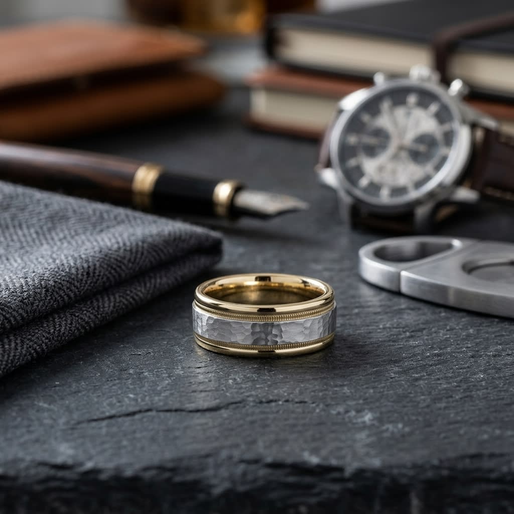 8mm Hammered Finish Milgrain Carved Wedding Band in 14K Two-Tone Gold, on walnut surface with pocket square