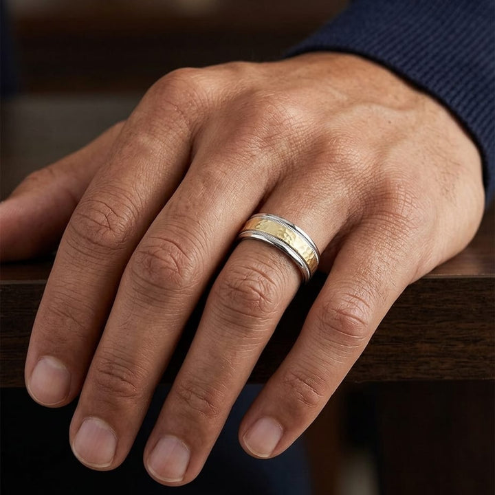 8mm Hammered Finish Milgrain Carved Wedding Band in 14K Two-Tone Gold, worn on hand, masculine close-up
