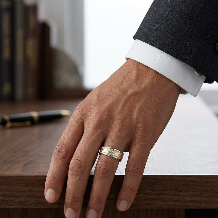 8mm Hammered Finish Milgrain Carved Wedding Band in 14K Two-Tone Gold, worn on hand, masculine full view