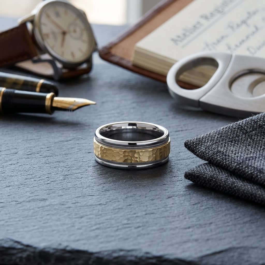 8mm Hammered Finish Milgrain Carved Wedding Band in 14K Two-Tone Gold, on walnut surface with pocket square