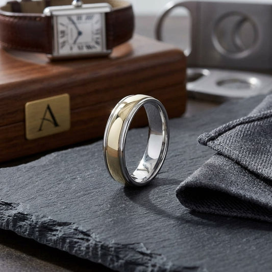 6mm High Polish Carved Wedding Band in 14K Two-Tone Gold, on walnut surface with pocket square