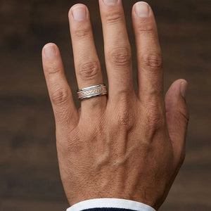 8mm Comfort-Fit Wedding Band in 14K Two-Tone Gold, worn on hand, masculine close-up