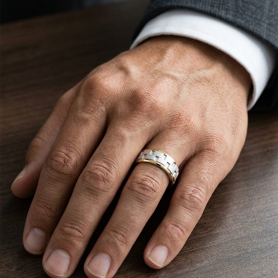 8mm Satin Finish Carved Wedding Band in 14K Two-Tone Gold, worn on hand, masculine close-up