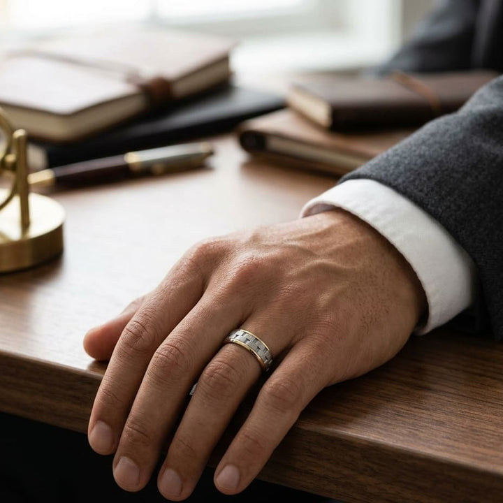 8mm Satin Finish Carved Wedding Band in 14K Two-Tone Gold, worn on hand, masculine full view