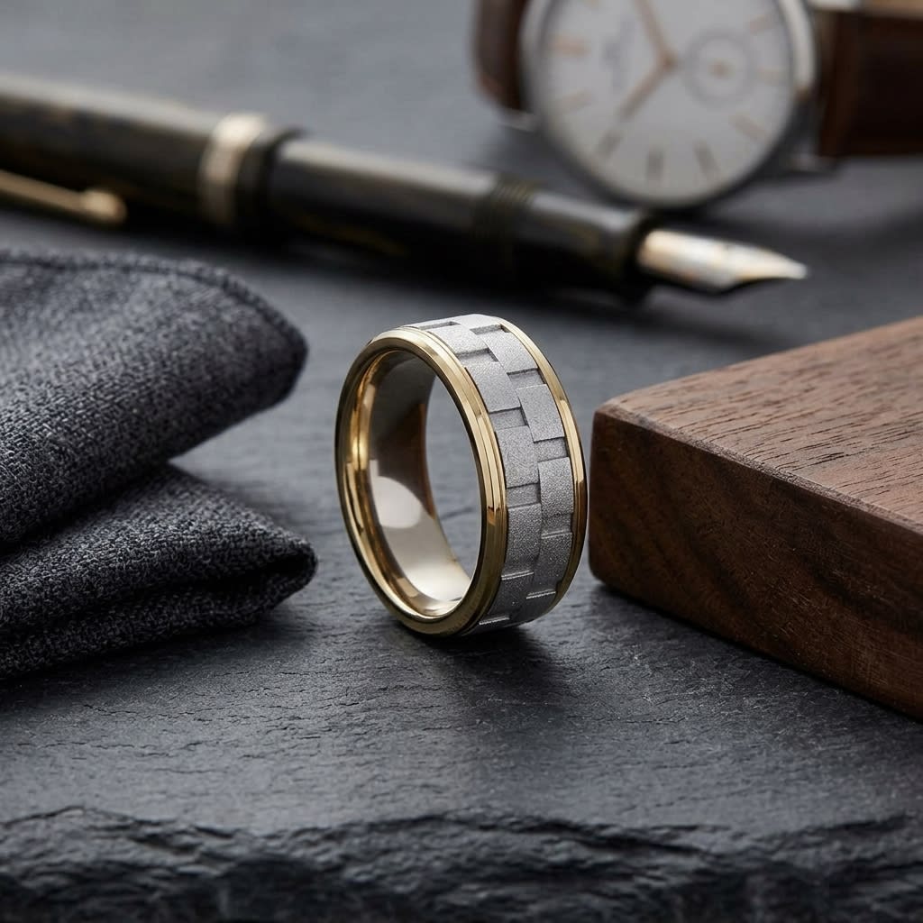 8mm Satin Finish Carved Wedding Band in 14K Two-Tone Gold, on walnut surface with pocket square