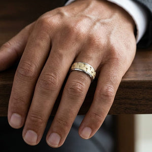8mm Satin Finish Carved Wedding Band in 14K Two-Tone Gold, worn on hand, masculine close-up