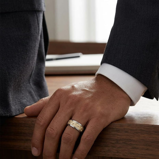 8mm Satin Finish Carved Wedding Band in 14K Two-Tone Gold, worn on hand, masculine full view