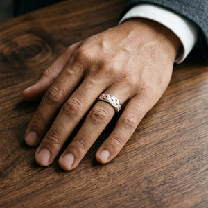 8mm Satin Finish Carved Wedding Band in 14K Two-Tone Gold, worn on hand, masculine full view