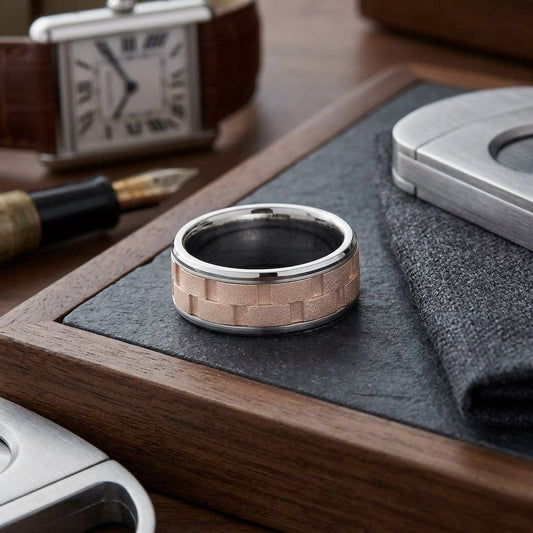 8mm Satin Finish Carved Wedding Band in 14K Two-Tone Gold, on walnut surface with pocket square