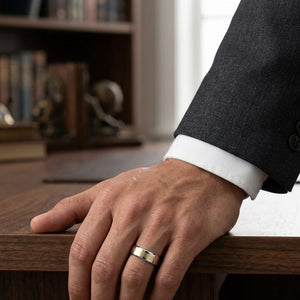 6mm Satin Finish Carved Wedding Band in 14K Two-Tone Gold, worn on hand, masculine full view