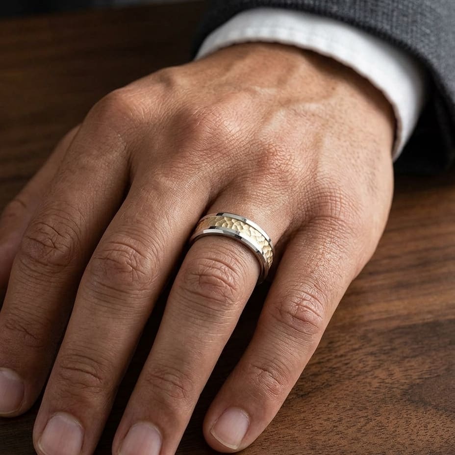 6mm Hammered Finish Carved Wedding Band in 14K Two-Tone Gold, worn on hand, masculine close-up