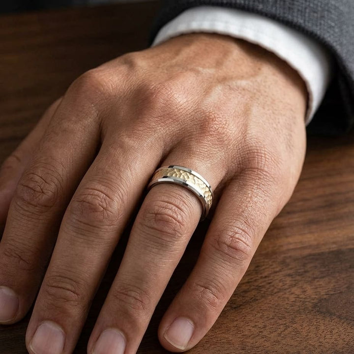 6mm Hammered Finish Carved Wedding Band in 14K Two-Tone Gold, worn on hand, masculine close-up