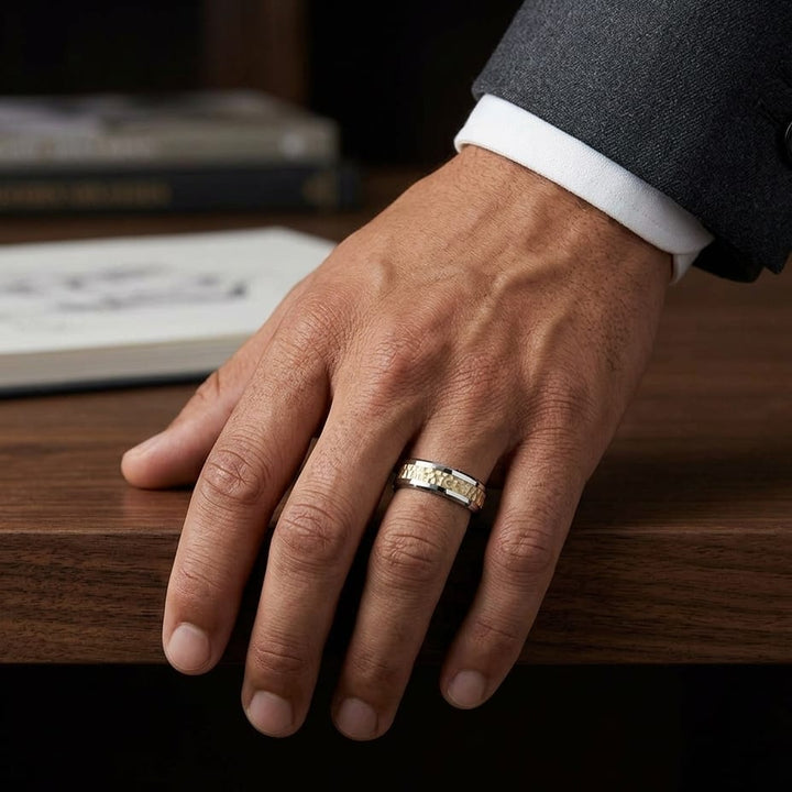 6mm Hammered Finish Carved Wedding Band in 14K Two-Tone Gold, worn on hand, masculine full view