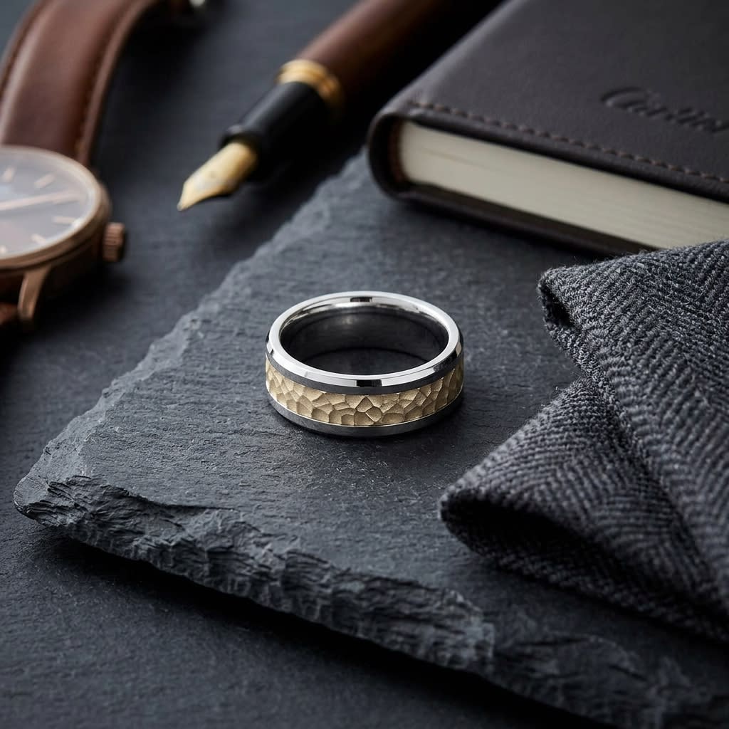 6mm Hammered Finish Carved Wedding Band in 14K Two-Tone Gold, on walnut surface with pocket square