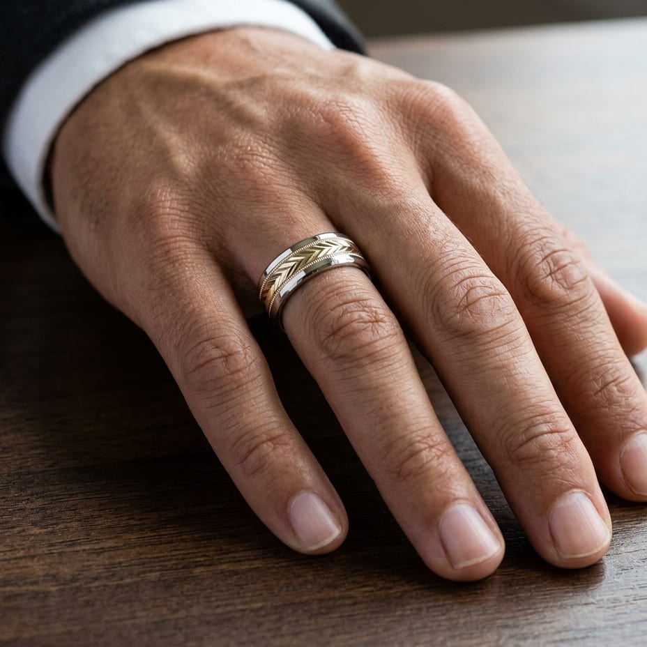 8mm Drop Bevel Wheat Pattern Carved Wedding Band in 14K Two-Tone Gold, worn on hand, masculine close-up