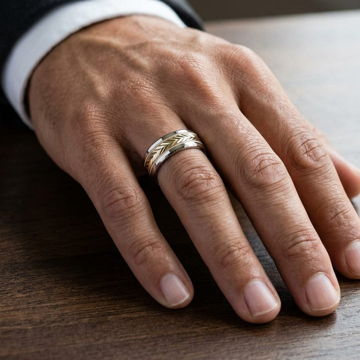 8mm Drop Bevel Wheat Pattern Carved Wedding Band in 14K Two-Tone Gold, worn on hand, masculine close-up