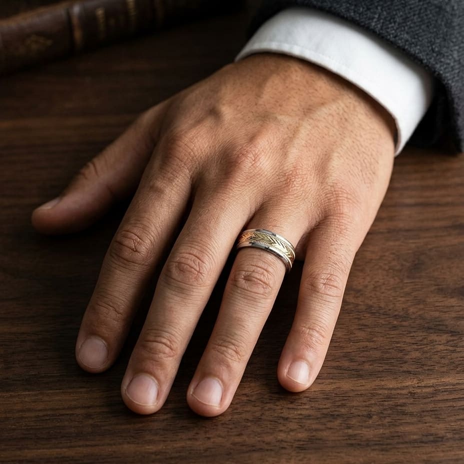 8mm Drop Bevel Wheat Pattern Carved Wedding Band in 14K Two-Tone Gold, worn on hand, masculine full view