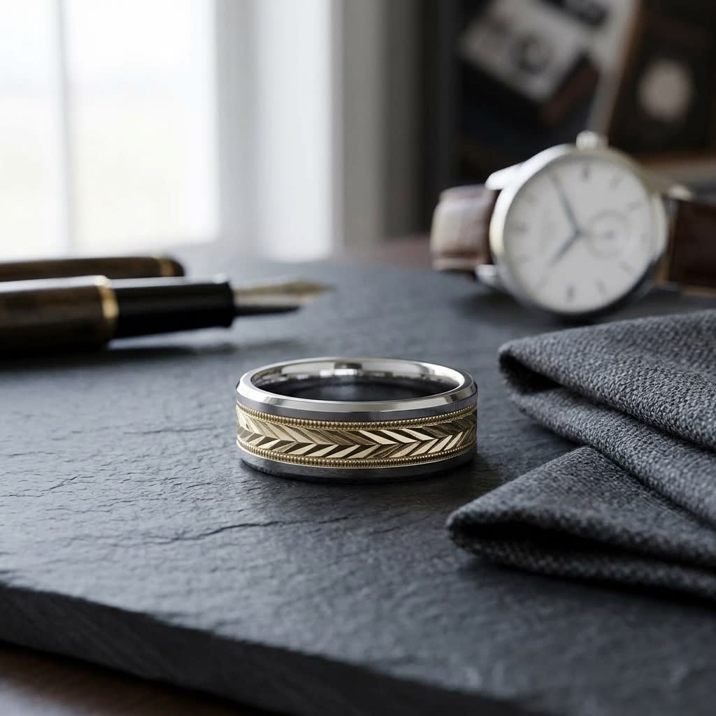 8mm Drop Bevel Wheat Pattern Carved Wedding Band in 14K Two-Tone Gold, on walnut surface with pocket square
