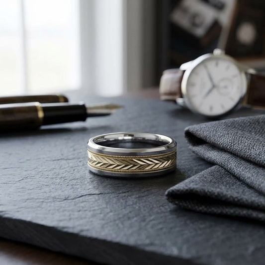 8mm Drop Bevel Wheat Pattern Carved Wedding Band in 14K Two-Tone Gold, on walnut surface with pocket square