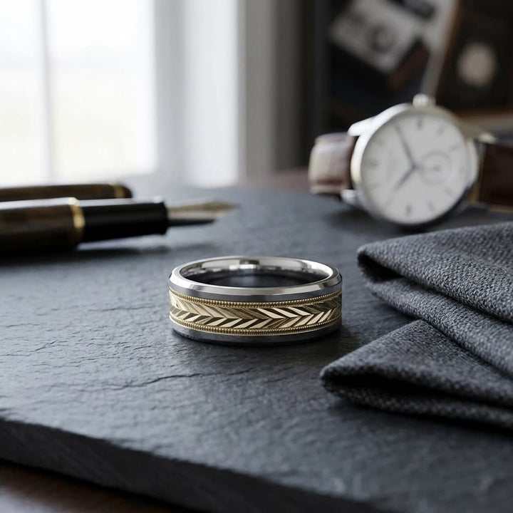 8mm Drop Bevel Wheat Pattern Carved Wedding Band in 14K Two-Tone Gold, on walnut surface with pocket square