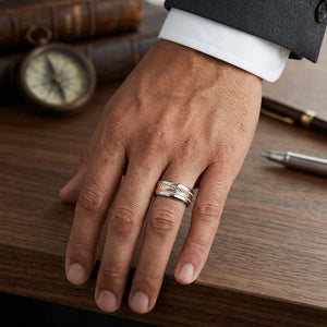 8mm Drop Bevel Wheat Pattern Carved Wedding Band in 14K Two-Tone Gold, worn on hand, masculine full view