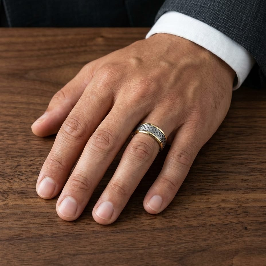 8mm Celtic Knot Carved Wedding Band in 14K Two-Tone Gold, worn on hand, masculine full view