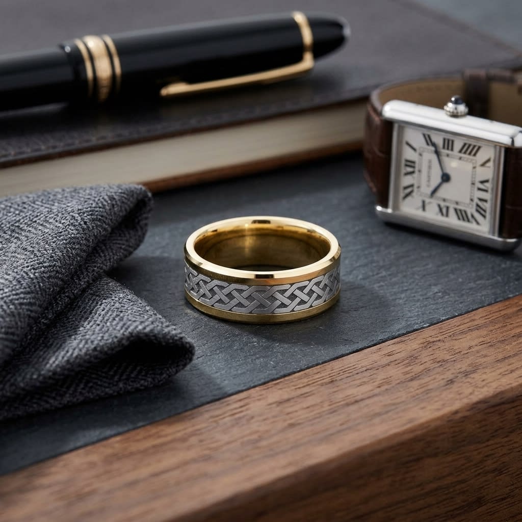 8mm Celtic Knot Carved Wedding Band in 14K Two-Tone Gold, on walnut surface with pocket square