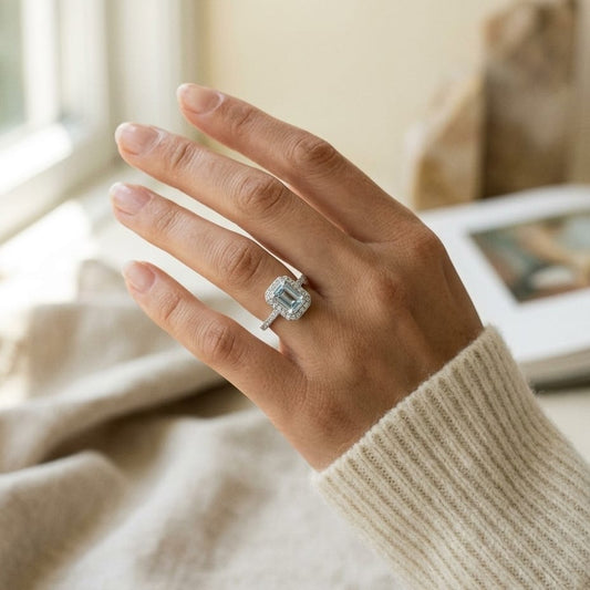 Aquamarine Emerald Cut Halo Ring in 14K White Gold - editorial