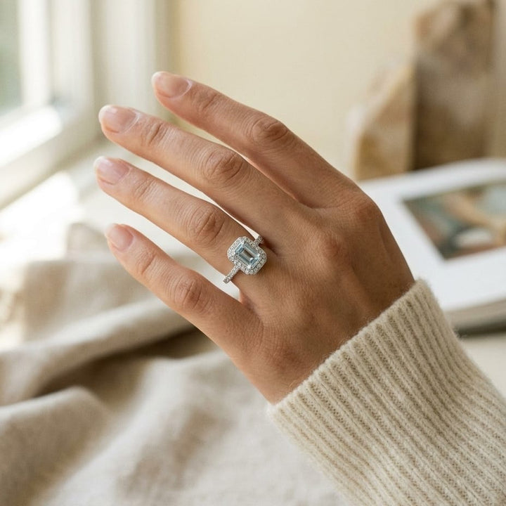 Aquamarine Emerald Cut Halo Ring in 14K White Gold - editorial