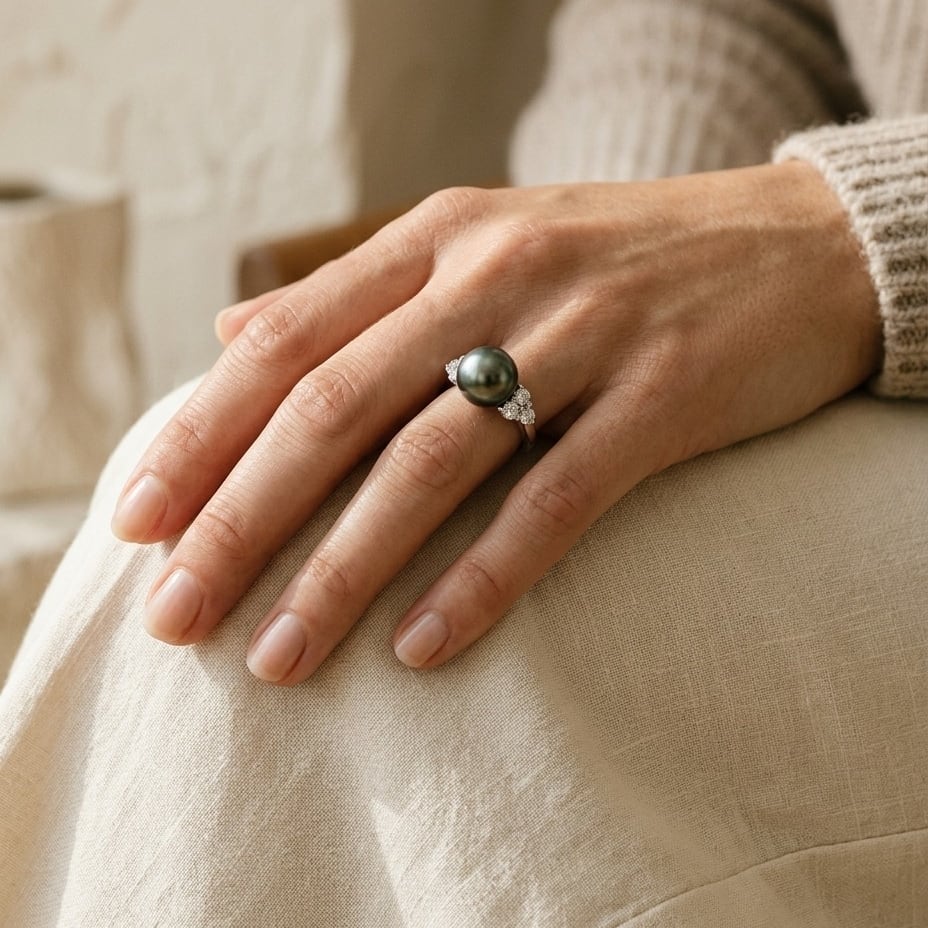 Black South Sea Pearl & Diamond Ring in 14K White Gold - lifestyle