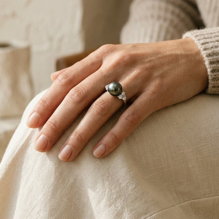 Black South Sea Pearl & Diamond Ring in 14K White Gold - lifestyle