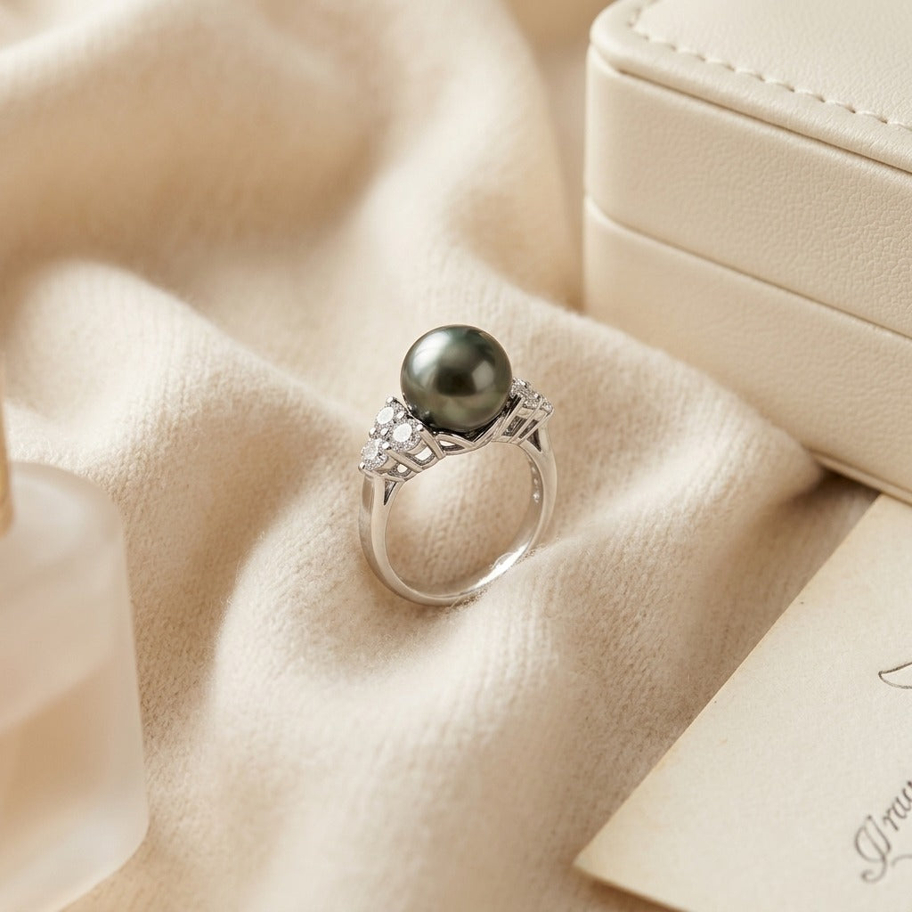Black South Sea Pearl & Diamond Ring in 14K White Gold - flat lay