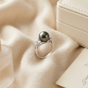 Black South Sea Pearl & Diamond Ring in 14K White Gold - flat lay