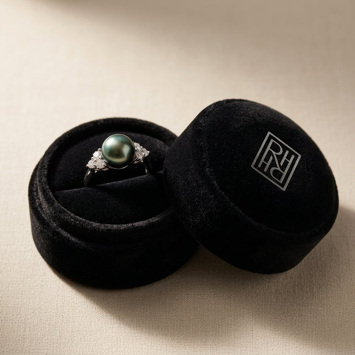 Black South Sea Pearl & Diamond Ring in 14K White Gold - presentation