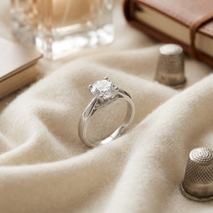 Diamond Ring with Milgrained Leaf Gallery in 14K White Gold - flat lay