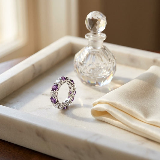 Amethyst & Diamond 7-Stone Band in 14K White Gold - editorial