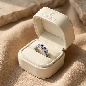 Sapphire And Diamond Floral Leaf Band In 14k White Gold 0.40ctw, in navy velvet jewelry box