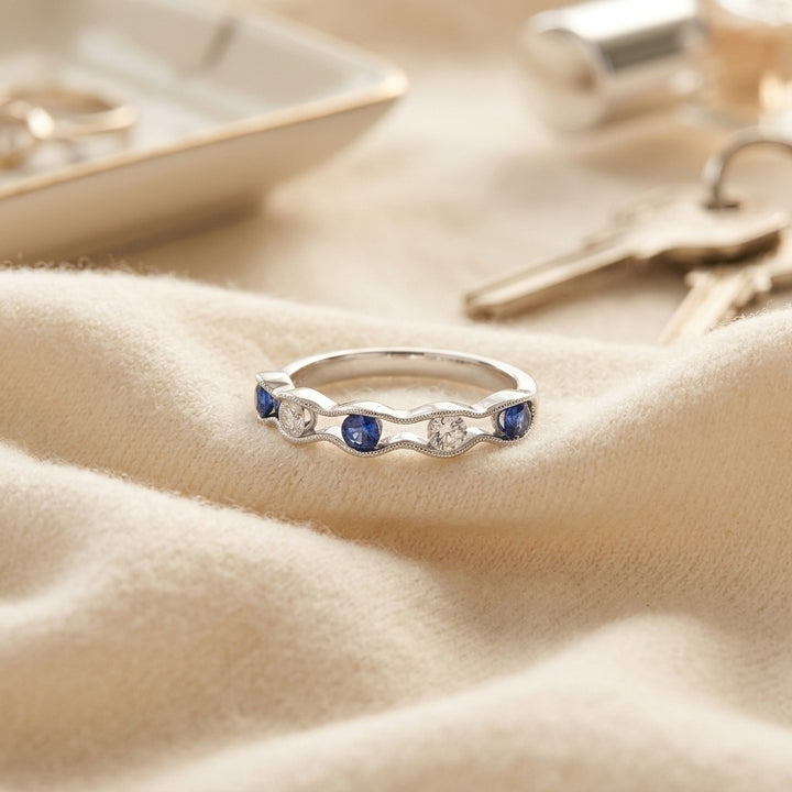 Floating Sapphire & Diamond Scallop Edge Band in 14K White Gold - flat lay