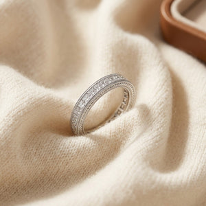 Diamond Princess Cut Milgrain Channel Band in 14K White Gold - flat lay