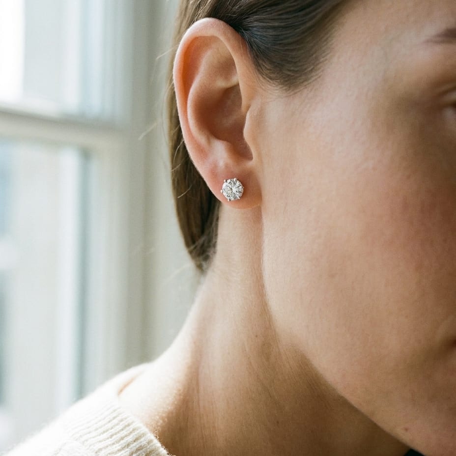 Natural Diamond Round Brilliant Six Prong Stud Earrings in 14K White Gold, worn close-up portrait