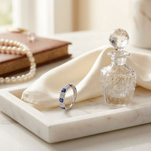 Round Sapphire & Diamond Ring in 14K White Gold - editorial