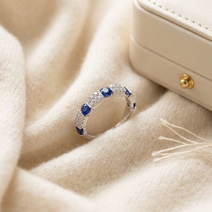 Round Sapphire & Diamond Ring in 14K White Gold - flat lay