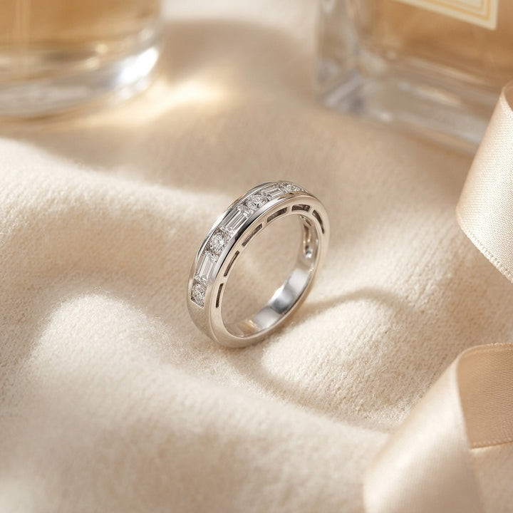 Diamond Baguette & Round Channel Band 1/2ctw in 14K White Gold - flat lay