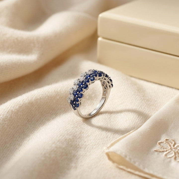 Sapphire & Diamond Layered Scallop Edge Band 3/8ctw in 14K White Gold - flat lay