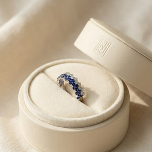Sapphire And Diamond Layered Scallop Edge Band In 14k White Gold 0.45ctw, in navy velvet jewelry box