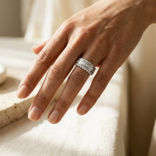 Diamond Baguette Channel & Round Prong Band in 14K White Gold - editorial