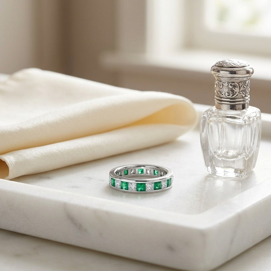Emerald & Diamond Princess Cut Eternity Band in 14K White Gold - lifestyle